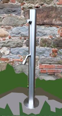 Colonna lavapiedi inox 316L temporizzata, in foto minisoffione in ottone cromato con snodo, pulsante temporizzato rivestito in inox 316L