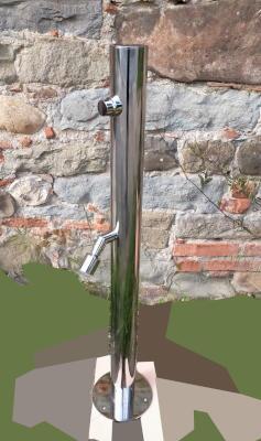 Colonna lavapiedi inox 316L temporizzata, temporizzazione fissa 15-18sec, in foto mini soffione in inox 316L con snodo, pulsante temporizzato in ottone cromato